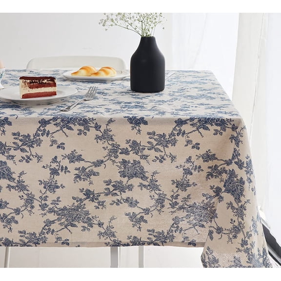SIMDOO Cotton Linen Vintage Rectangle Tablecloth Pastoral Floral Rustic Table Cloth Washable Table Cover for Indoor&Outdoor,Farmhouse Decor,Picnic,Tabletop Decoration (Blue Floral, 55"×55")