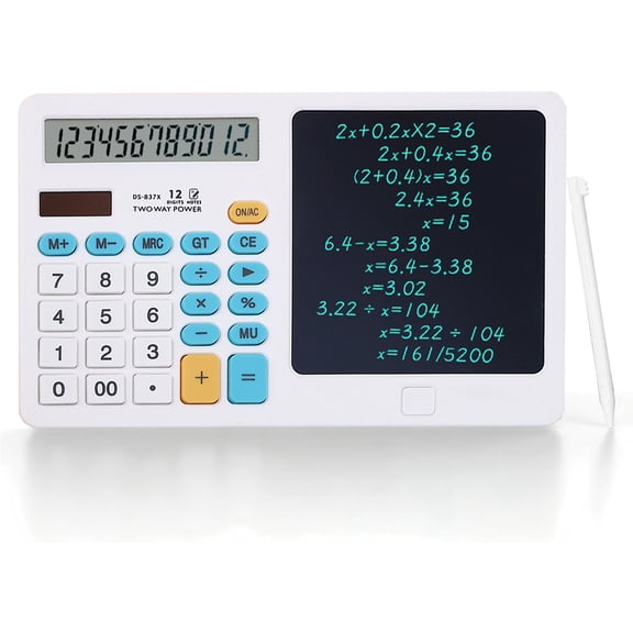 SIMDOO Desk Calculator with Erasable Writing Pad, 12-Digit Wide Screen Display,  Reusable LCD Notepad, One-Click Clear & Lock Function, Solar and Battery Dual Power for Office,School,Business (white)