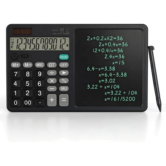 SIMDOO Desk Calculator with Erasable Writing Pad, 12-Digit Wide Screen Display, Reusable LCD Notepad, One-Click Clear & Lock Function, Solar and Battery Dual Power for Office,School,Business (Black)