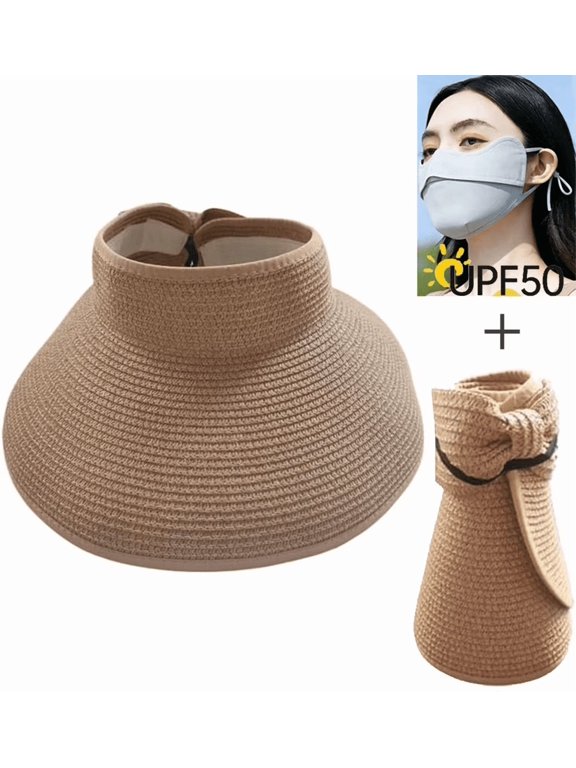 Foldable Sun Visor Hat with Ice Silk Mask, UPF 50+ Wide Brim Straw Beach Hat for Women, Khaki