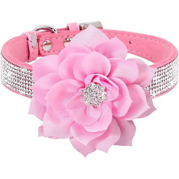 SIMDOO Rhinestone flowerDog Collar, Cute Dazzling Sparkling Soft Suede Leather Adjustable Pet Dog Cat Collar Crystal Diamond for Puppy Small Medium Large Dogs (L:38-46cm, Black-6)