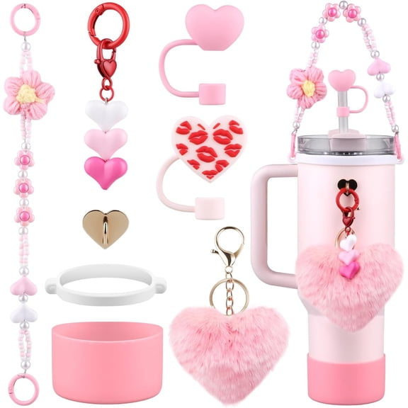 SIMDOO for Stanley Cup Accessories Set,Water Bottle Handle Strap, Siliocne Boot, Pink Straw Cover, Heart Charms, Straw Topper for Stanley Cup 40oz & 30oz Tumbler 8 Pcs