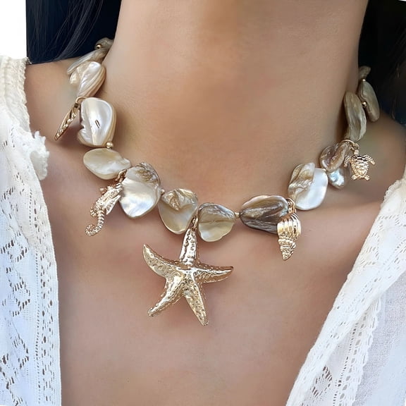 SIMDOO Starfish Shell Statement Choker Necklace, Ocean Conch Seahorse Turtle Charm Beaded Necklace, Mermaid Beach Costume Jewelry for Women