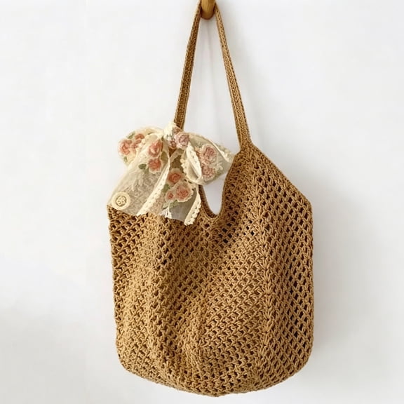 SIMDOO Summer Crochet Beach Tote Bag with Free Decorative Ribbon, Large Capacity Mesh Handbag, Soft Foldable Shoulder Bag for Women