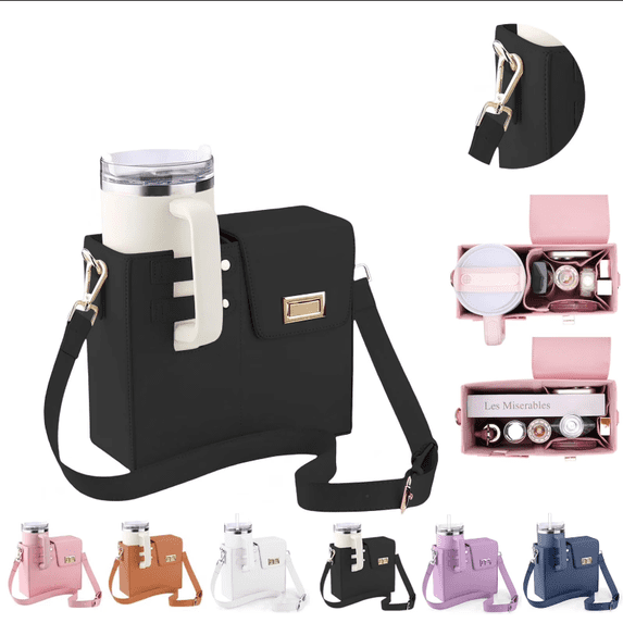 SIMDOO Women PU Leather Water Bottle Crossbody Bag, Large Capacity Cup Carrier Purse with Adjustable Strap & Lock Buckle, Perfect Gift for Girlfriend Mom, for Daily Commute & Outdoor Use,Black
