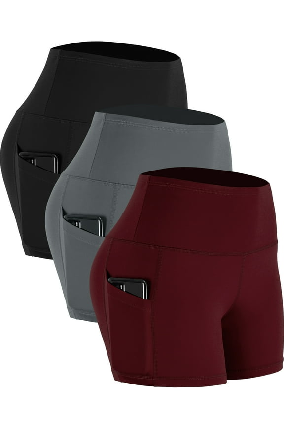 Womens 4" High Waist Athletic Spandex Shorts for Yoga with Pockets 3 Packs,Black,US Size M