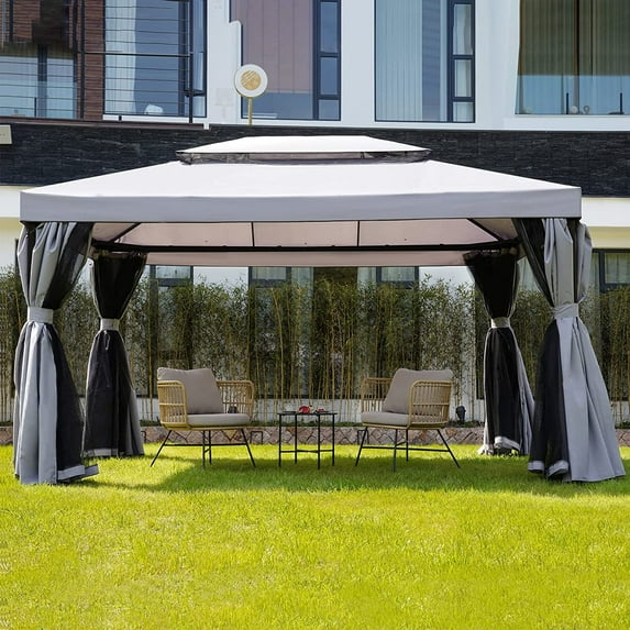 SIMENMAX 10x13FT Gazebo for Patios Outdoor Gazebo with Mosquito Netting and Curtains Outdoor Patio Canopy for Deck Backyard Garden Lawns, Gray