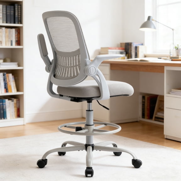 Simenmax Ergonomic Office Chair with Flip-Up Arms, Breathive Mesh Computer Desk Chair for Small Spaces, Home Office Task Chair with Storable Lumbar Support & Rocking Function, Gray