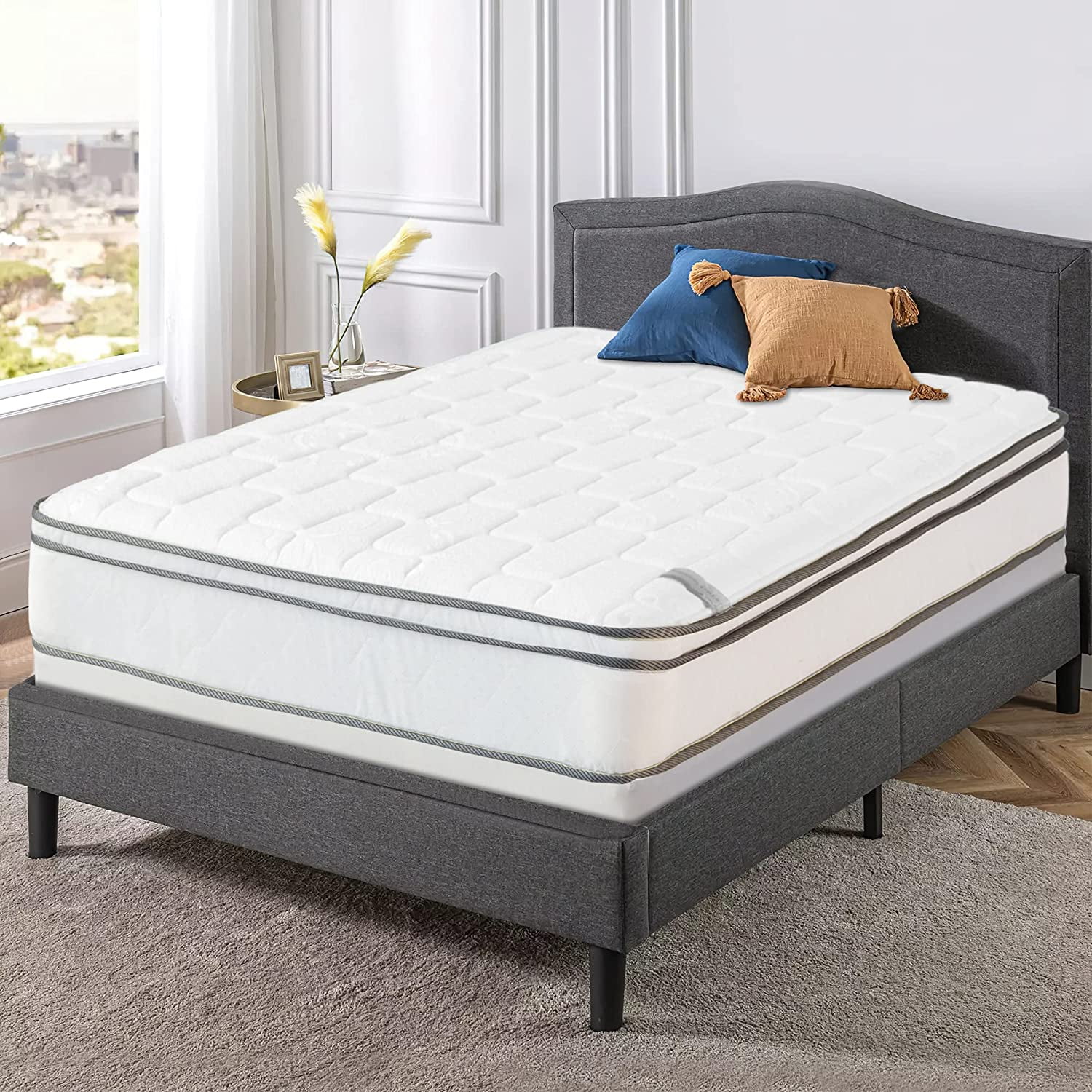 SIMING 10Inch Meduim Plush Eurotop Pillowtop Innerspring Mattress & 8