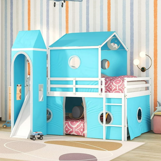 SIMING Full Over Full House Bunk Bed, Kids Playhouse Bed, Solid Wood