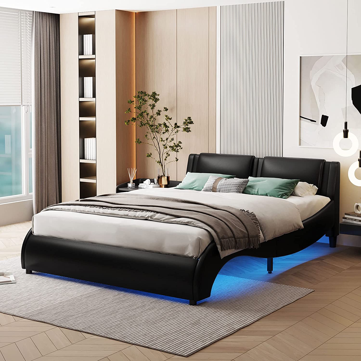 SIMING Full Size Upholstered Platform Bed with LED Lights Underneath