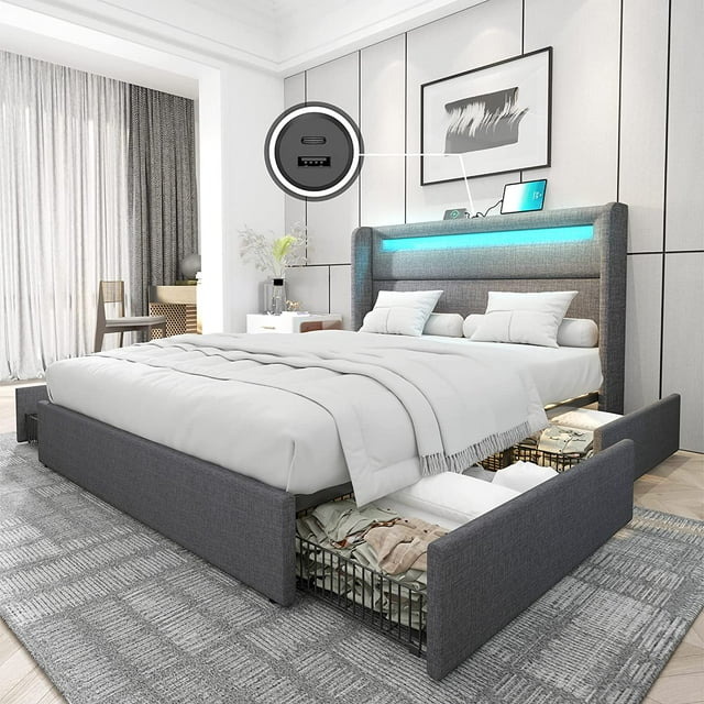 SIMING King Bed Frame with RGBW LED Lights Headboard & 4 Storage