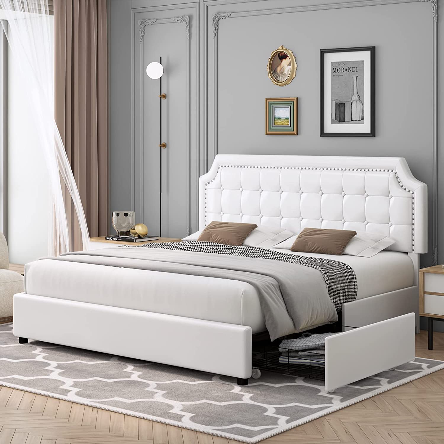 SIMING King Size Bed Frame with 4 Drawers, Upholstered Platform Bed