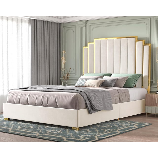 SIMING King Size Bed Frame and 65" Headboard, Upholstered Bed with