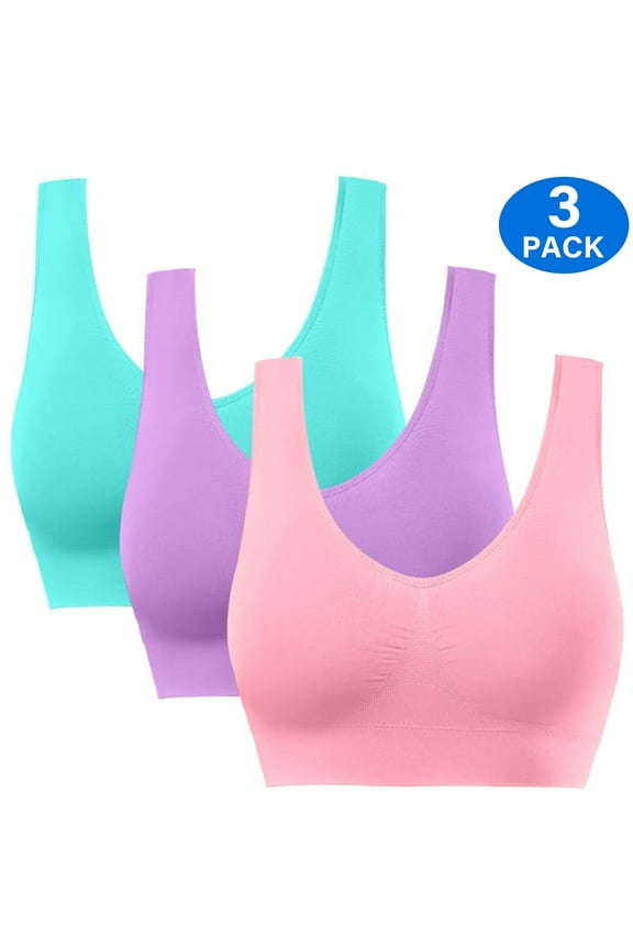 3 Pack Sports Bra for Women - Comfortable Sleep Bra Seamless Stretchy Workout Yoga Bra with Removable Pads