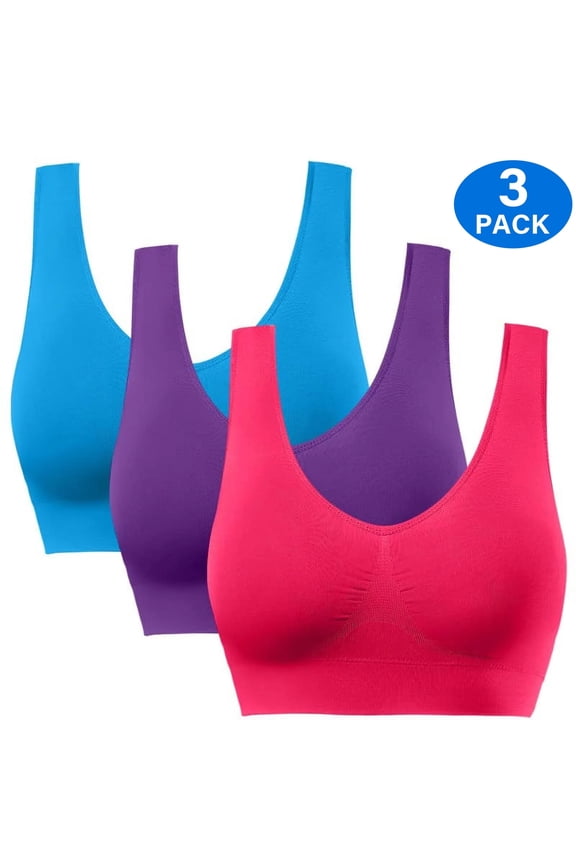 3 Pack Sports Bra for Women - Comfortable Sleep Bra Seamless Stretchy Workout Yoga Bra with Removable Pads