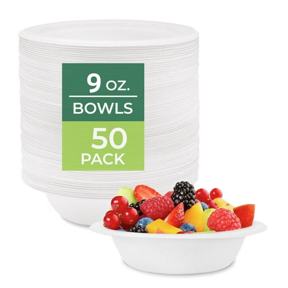 ZOUYUE [50 Pack] 100% Compostable Disposable Bowls 9 oz.Heavy Duty Disposable Bowls,Eco-Friendly Disposable Sugarcane Paper Bowls