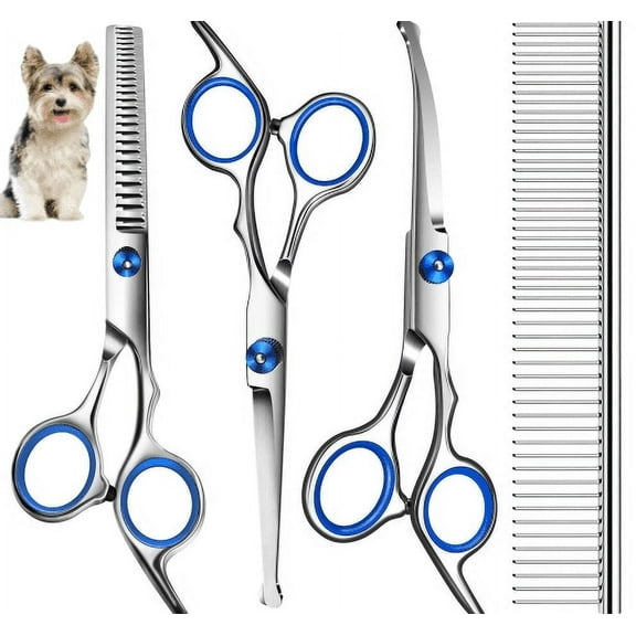 ZOUYUE Dog Grooming Scissors with Safety Round Tips, Heavy Duty Titanium Pet Grooming Trimmer Kit, Professional Thinning Shears, Curved Scissors with Comb for Dogs and Cats (Set of 4)