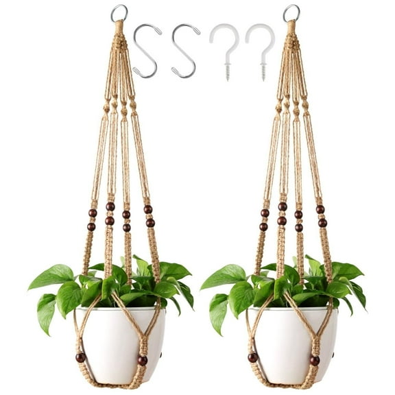 ZOUYUE Macrame Plant Hanger Indoor Jute Hanging Planter Basket with Wood Beads Decorative Flower Pot Holder No Tassels for Boho Home Decor 35 Inch with Metal S Hooks, Brown, Set of 2