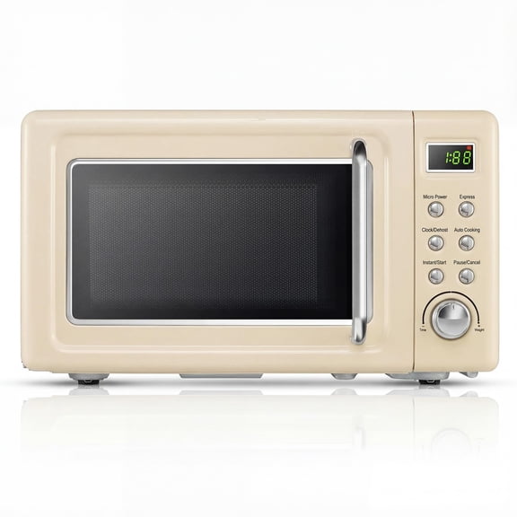 SIMOE 0.7 Cu. Ft. Countertop Compact Microwave, 700W Retro Microwave Oven with 5 Micro Power, Auto Cooking Menus, LED Display, Child Lock, Perfect for Apartments & Dorms, Cream White