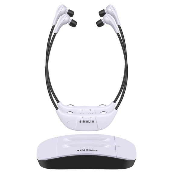 SIMOLIO Dual Wireless Headphones for TV Watching with Spare Battery for Seniors, Tone and Balance Control, Personal Sound Amplifier, 100 ft Work Range, No Audio Delay, SM-824D2-W (New)