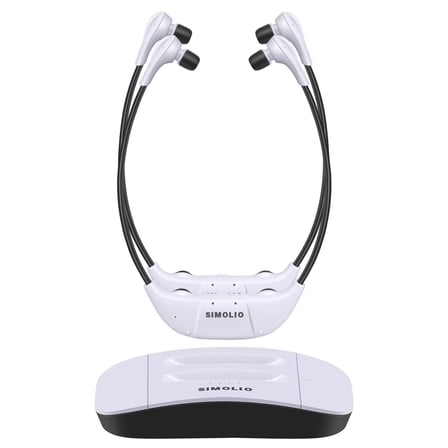 SIMOLIO Dual Wireless Headphones for TV Watching with Spare Battery for Seniors, Tone and Balance Control, Personal Sound Amplifier, 100 ft Work Range, No Audio Delay, SM-824D2-W (New)