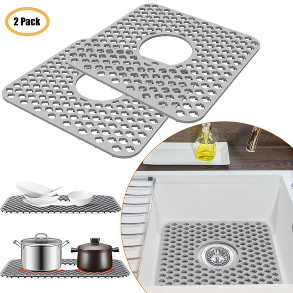 SIMPERF 2 PACK Silicone Sink Protector for Kitchen, Kitchen Sink Mats with Central Drain Hole Non-Slip Dishwasher Folding Non-slip Sink Mat 13.58''x 11.6''
