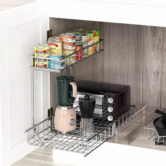 SIMPLE HOUSEWARE 2-Tier (L+M) Organizer Pull Out Under Cabinet Sliding Shelf, Chrome