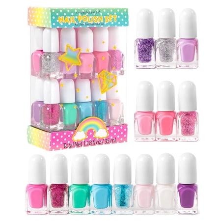 SIMPLE PLEASURES 14- Unicorn Glitter Kids Nail Polish Set for Girls – 14 Water-Based Non -Toxic Nail Art Kit - Gift Set for Girls Ages 7-12