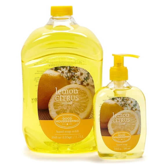 SIMPLE PLEASURES Premium Hand Soap Collection - Lemon Scent, 7.9 oz Bottle with Jumbo 59 oz Refill Dispenser - Goodhousekeeping Seal Approved