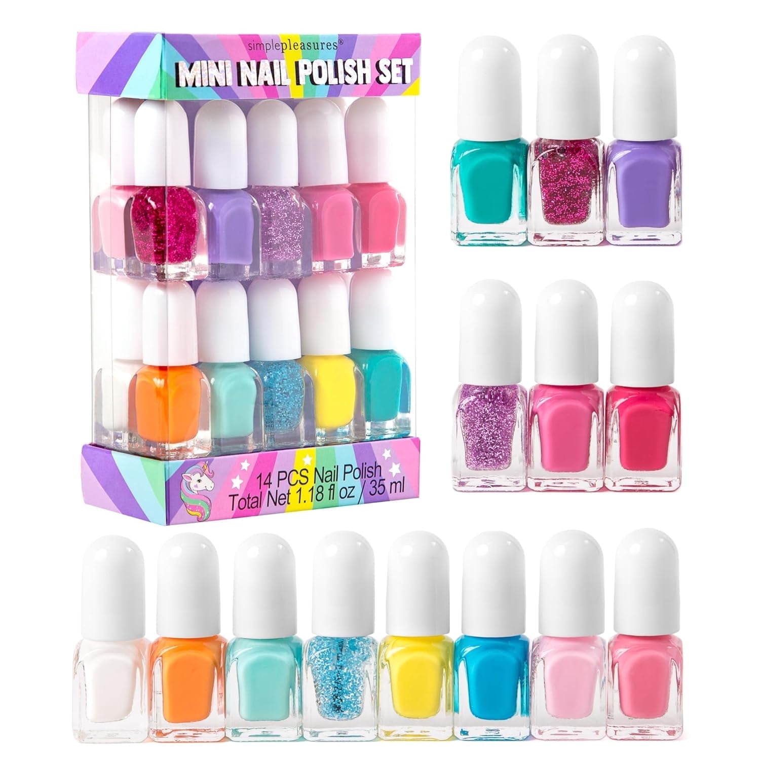 Simple Pleasures, Kids Nail Polish Set, 14 Water-Based Mini Colors