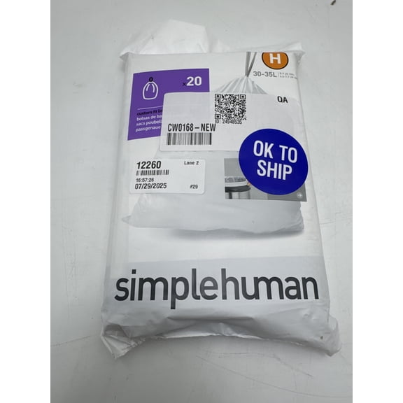 SIMPLEHUMAN CODE H CUSTOM FIT DRAWSTRING TRASH BAGS, 20 COUNT - WHITE