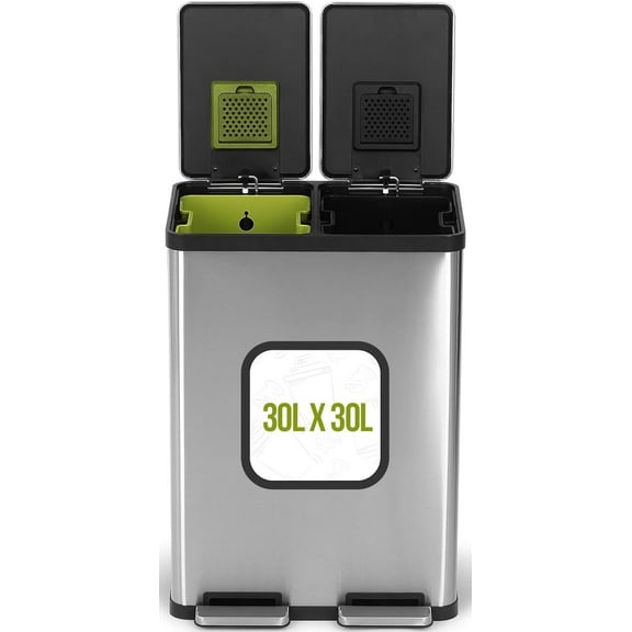 SIMPLI-MAGIC 16 Gallon (60L) Dual Compartment Step Trash Can Kitchen Garbage Can with Waste & Recycling Bins Slow-Close Lid, Odor Control, Hands-Free, Inner Bases, Premium Stainless Steel