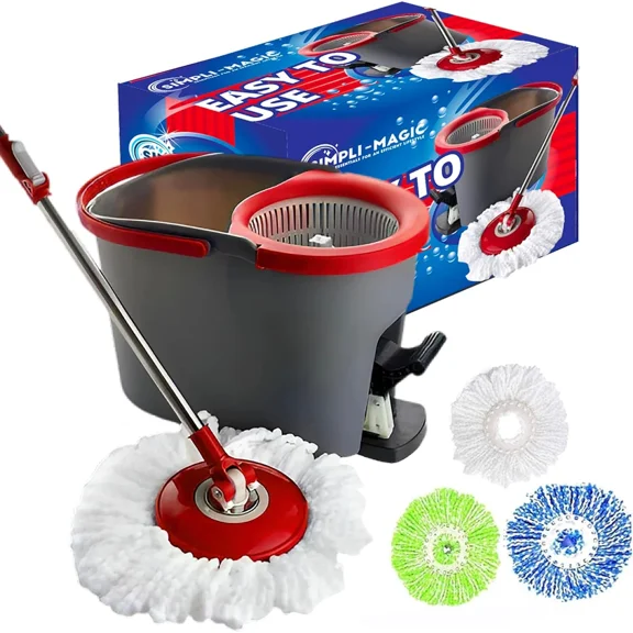 SIMPLI-MAGIC 79349 Spin Mop Cleaning System with 3 Microfiber Mop Heads, Red/Gra