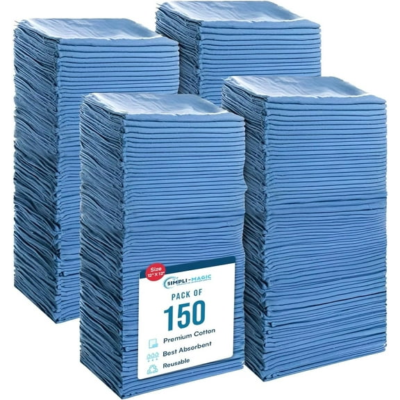 SIMPLI-MAGIC Cotton Shop Towels 14"x12" (150 Pack)  Reusable Cleaning Shop Rags for Automobiles, Industries, Garage and Homes (Blue)