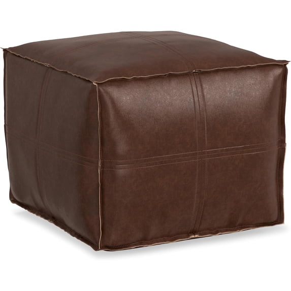 SIMPLIHOME Brody Square Pouf - 18 inch Wide Upholstered Vegan Leather Ottoman in Distressed Dark Brown, Boho Footstool, Coffee Table or Extra Seating for Living Room or Bedroom, Assembled