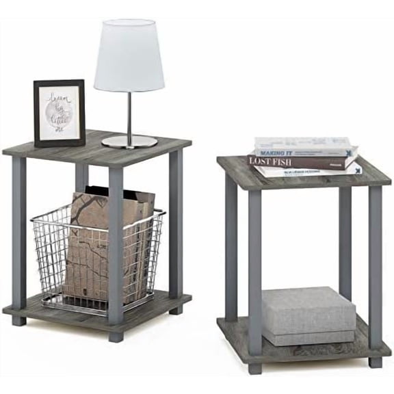 SIMPLISTIC Side Table Set of 2, 2-Tier Square Modern End Table, Nightstand, Night Stand, Bedside Table, Toolless Assembly, for Living Room, Bedroom, French Oak French Oak/Grey,2-Pack, Plastic Pole