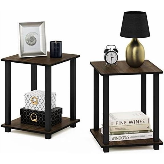 SIMPLISTIC Side Table Set of 2, 2-Tier End Table, Nightstand, Night Stand, Bedside Table, Easy Assembly, for Living Room, Bedroom, Columbia Walnut