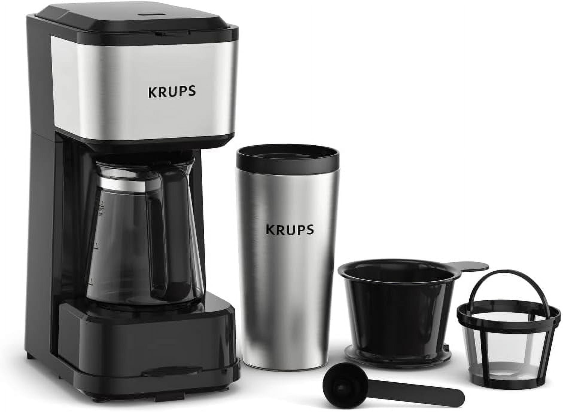 Compact Black and Stainless Steel Drip Coffee Maker with Thermal Tumbler