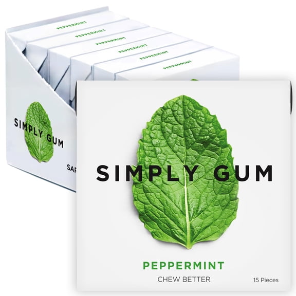 SIMPLY Gum Peppermint, Plastic-Free Natural Chewing Gum, 6 Pack (90 Pieces) | Vegan, Kosher, Non GMO, Aspartame Free and Sorbitol Free