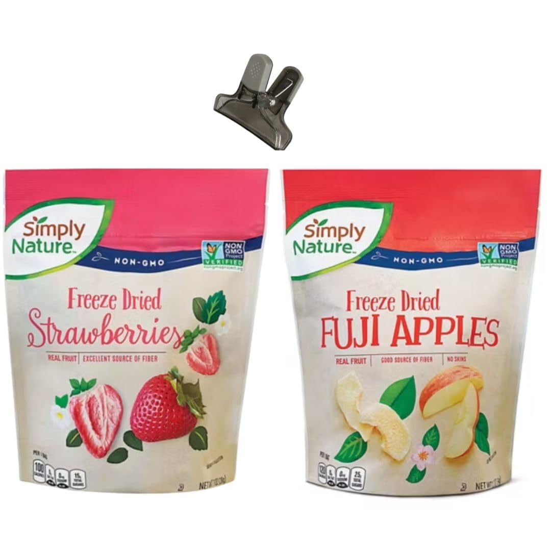 SIMPLY NATURE Freeze Dried Fruit Bundle, Includes One (1) 1.2 oz Strawberries, One (1) 1.2 oz , and One Bag Clip (color may vary)