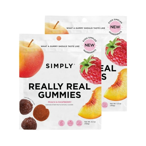 SIMPLY Really Real Gummies ESF27 | Made with Real Fruit | Peach and Raspberry | 5.3 oz (Pack of 2) | No Cane Sugar + Gluten Free + Kosher