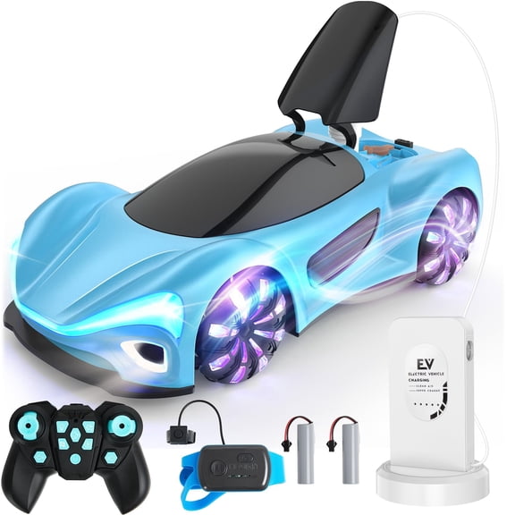 SIMREX Gesture Sensing Remote Control Car with Charging Dock - 360° Rotate Drift RC Stunt Car Toy, 40 Min Playtime, Dual Control, Spray Mist & LED Lights, Birthday Gift for Kids Boys Girls(Blue)