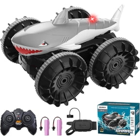 SIMREX Shark Amphibious Remote Control Car - Gift for Kids Boys Girls, 4WD Waterproof RC Car, 360 Stunt, Dual Remote Control, 50m Long Range, 2 Rechargeable Batteries (Silver)
