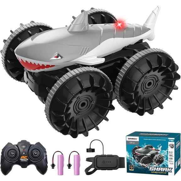 SIMREX Shark Amphibious Remote Control Car - Gift for Kids Boys Girls, 4WD Waterproof RC Car, 360 Stunt, Dual Remote Control, 50m Long Range, 2 Rechargeable Batteries (Silver)