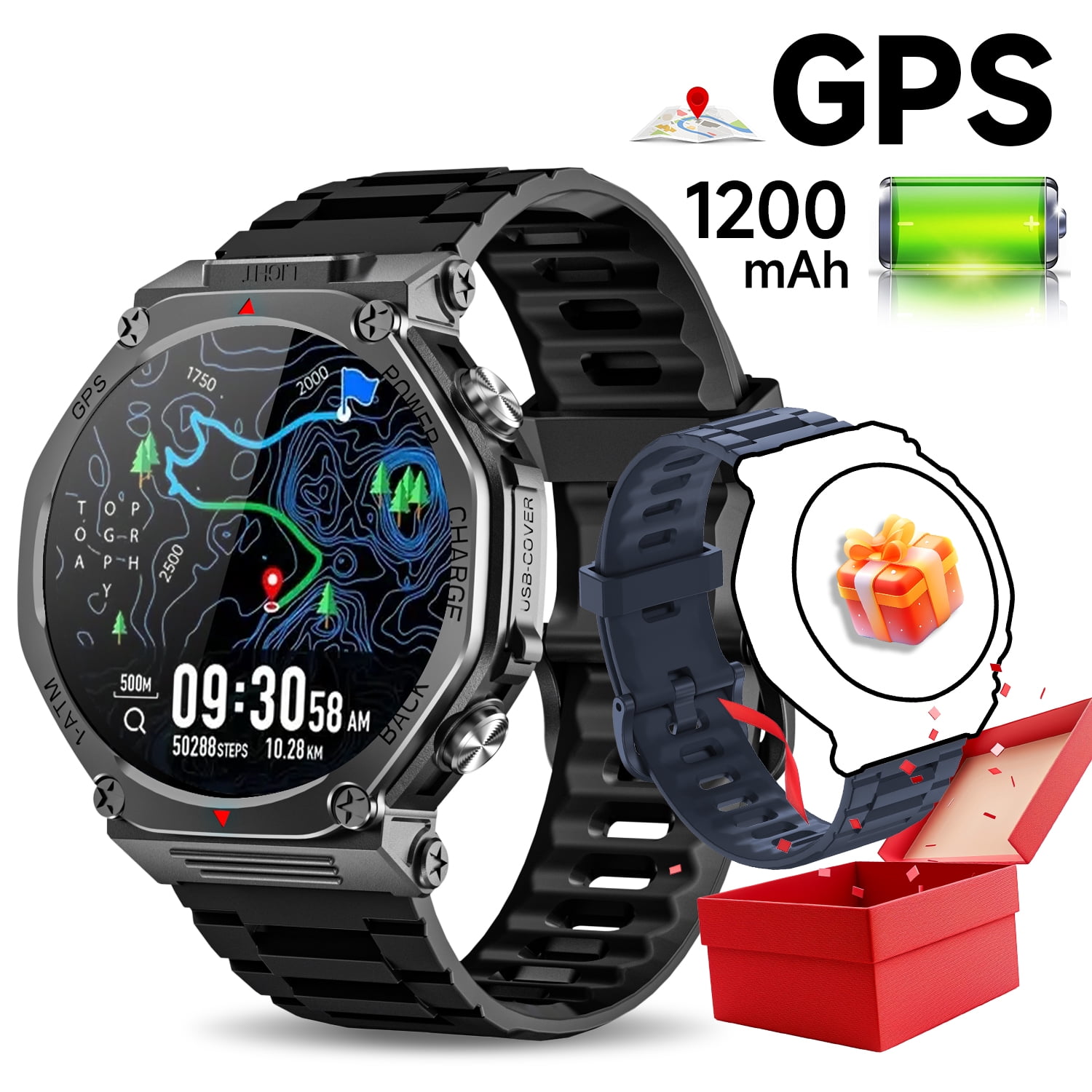 SIMSONLAB 1.39"HD Screen Smart Watch Men Womens,with Bluetooth Call Answer GPS Outdoor Sport LED Flashlight 20 Days Standby,1 ATM Waterproof for Android/Iphone Devices Gift(Two watch straps)