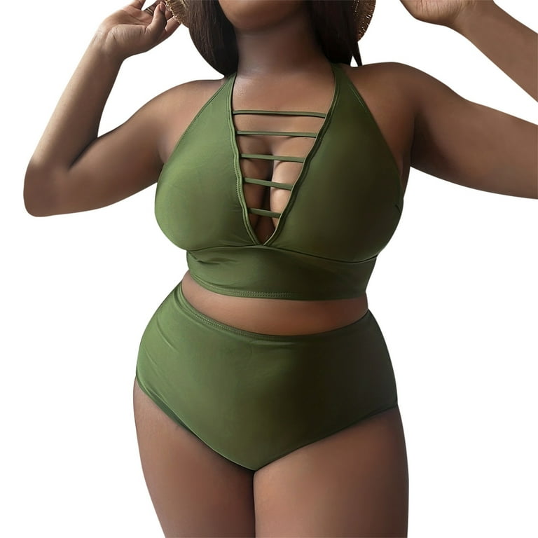 SIMU 2PC Swimwear for Women Women s V Neck Sleeveless Tankini Solid Color Hollow Shoulder Strap Adjustable Backless Bikini Plus Size Swimsuit Green