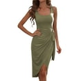 thumbnail image 1 of SIMU Beach Dresses for Women Women's Cocktail Midi Irregular Slit Dress Wide Neck Sleeveless Solid Ruffle Waist Tie Up Pleated Wrap Ruched Bodycon formal Wedding Guest Dresses Green XL, 1 of 7