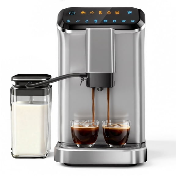 SIMZLIFE 2-Cup Automatic Espresso Machine, 15 Grind Settings, 20 Bar Pressure, Milk Frother, Silver
