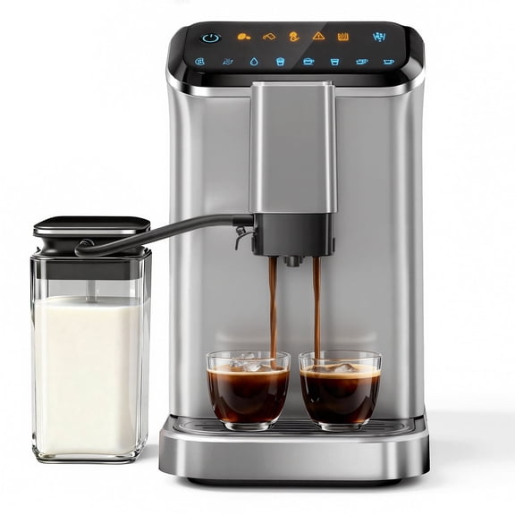 SIMZLIFE 2-Cup Automatic Espresso Machine, 15 Grind Settings, 20 Bar Pressure, Milk Frother, Silver